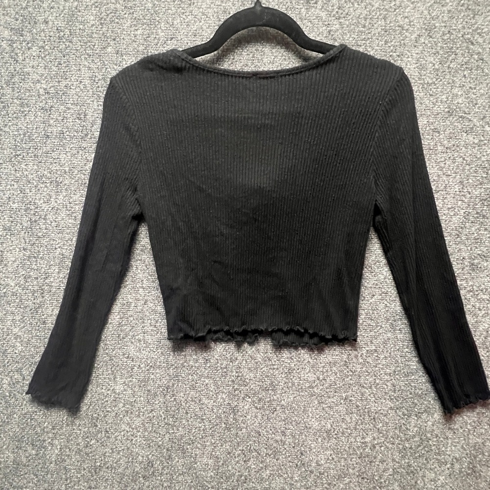 Zunie Girls Black Ribbed Tie Front Long Sleeve Cropped Top Size 14 Wrap Coverup - Picture 8 of 9